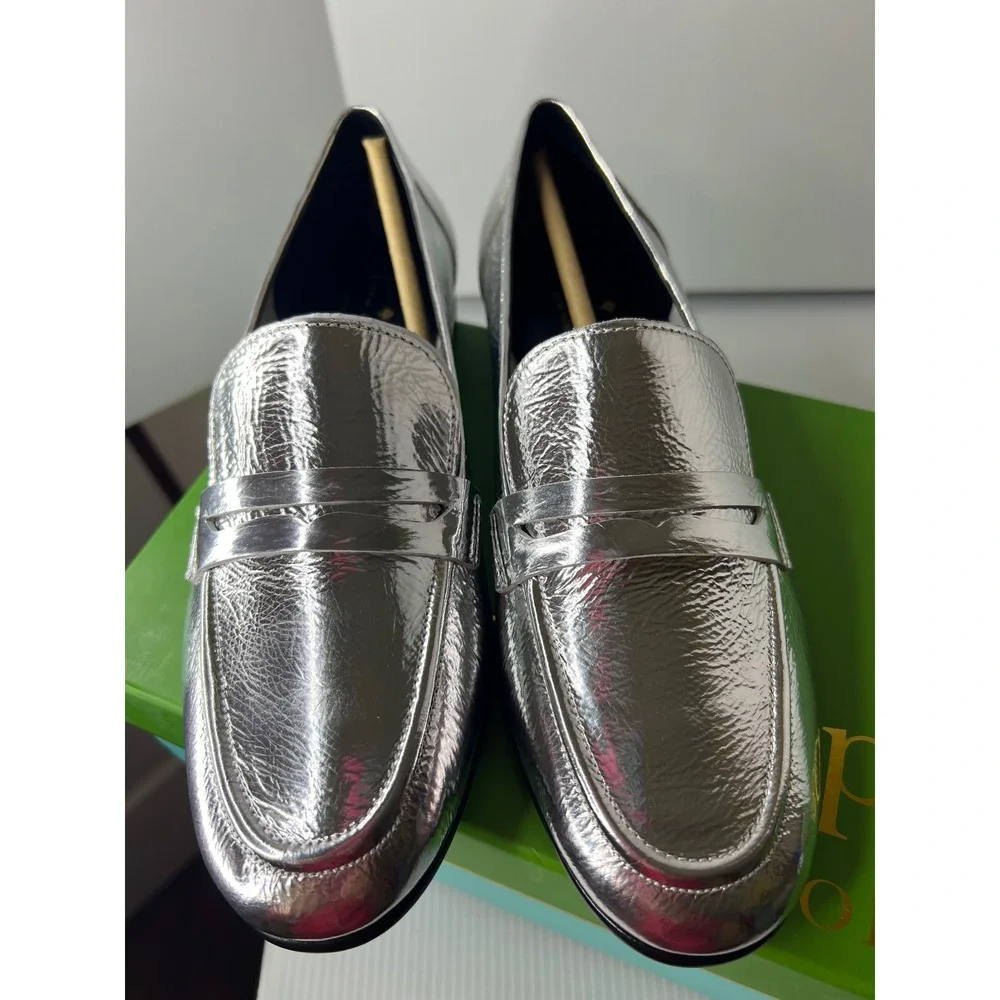 Kate Spade Silver Metallic‎ Leather Genevieve Loafers Almond Toe Flats 6.5M Box